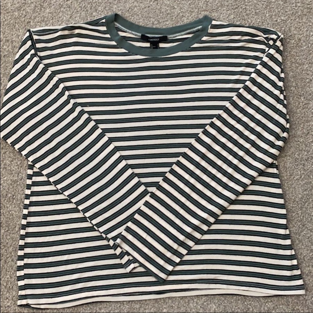 Forever21 Green and White Striped Long Sleeve Top